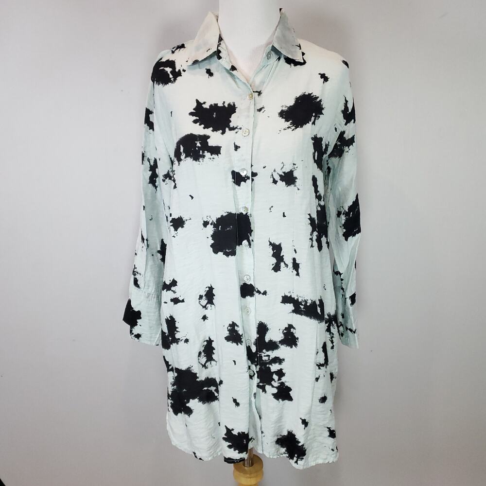 cut loose Abstract Cow Print Tunic Top Shirt Dress Light Blue White Tie Dye Sz S